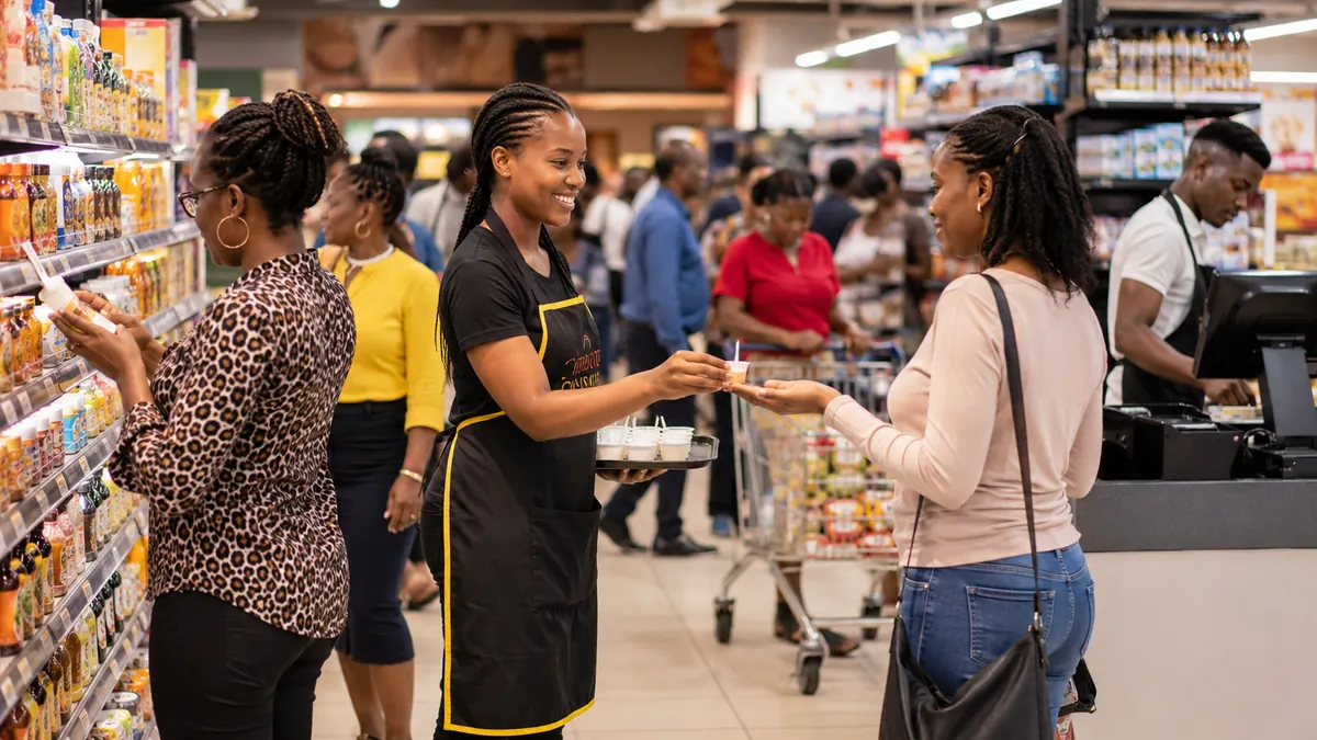 Brand promoter handing a sample to a shopper in a supermarket - Digitera Africa